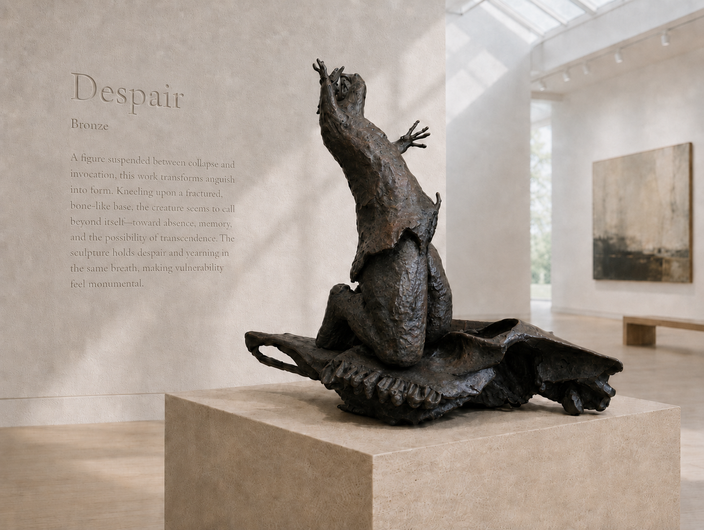 Lera Auerbach, Despair, bronze sculpture presented in a museum exhibition setting