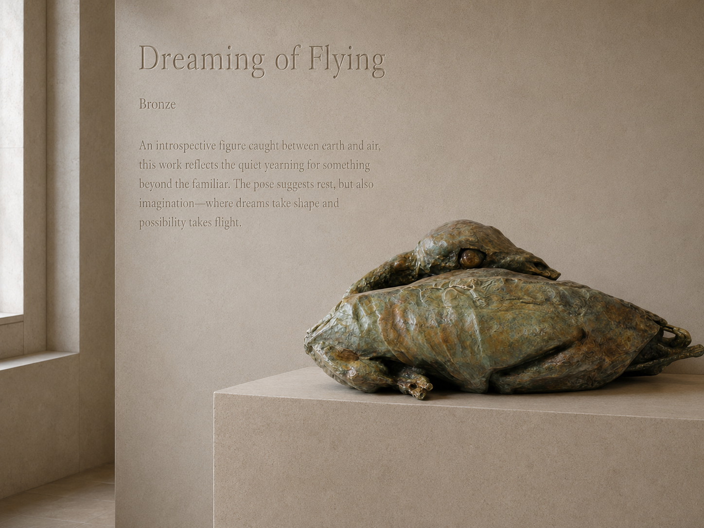 Lera Auerbach, Dreaming of Flying, bronze sculpture presented in a museum exhibition setting