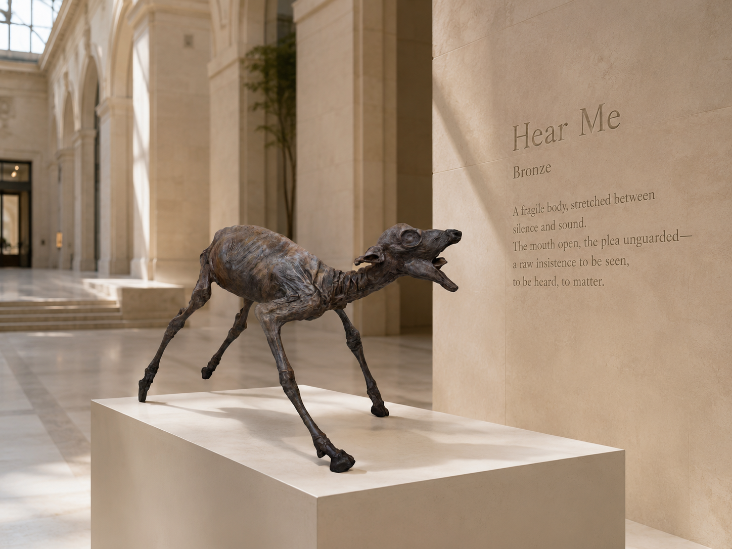 Lera Auerbach, Hear Me, bronze sculpture presented in a museum exhibition setting