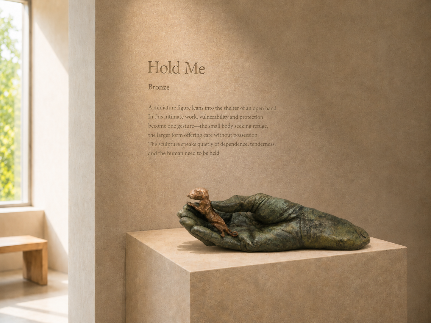 Lera Auerbach, Hold Me, bronze sculpture presented in a museum exhibition setting