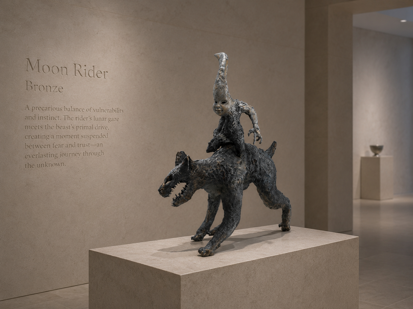 Lera Auerbach, Moonrider, bronze sculpture presented in a museum exhibition setting