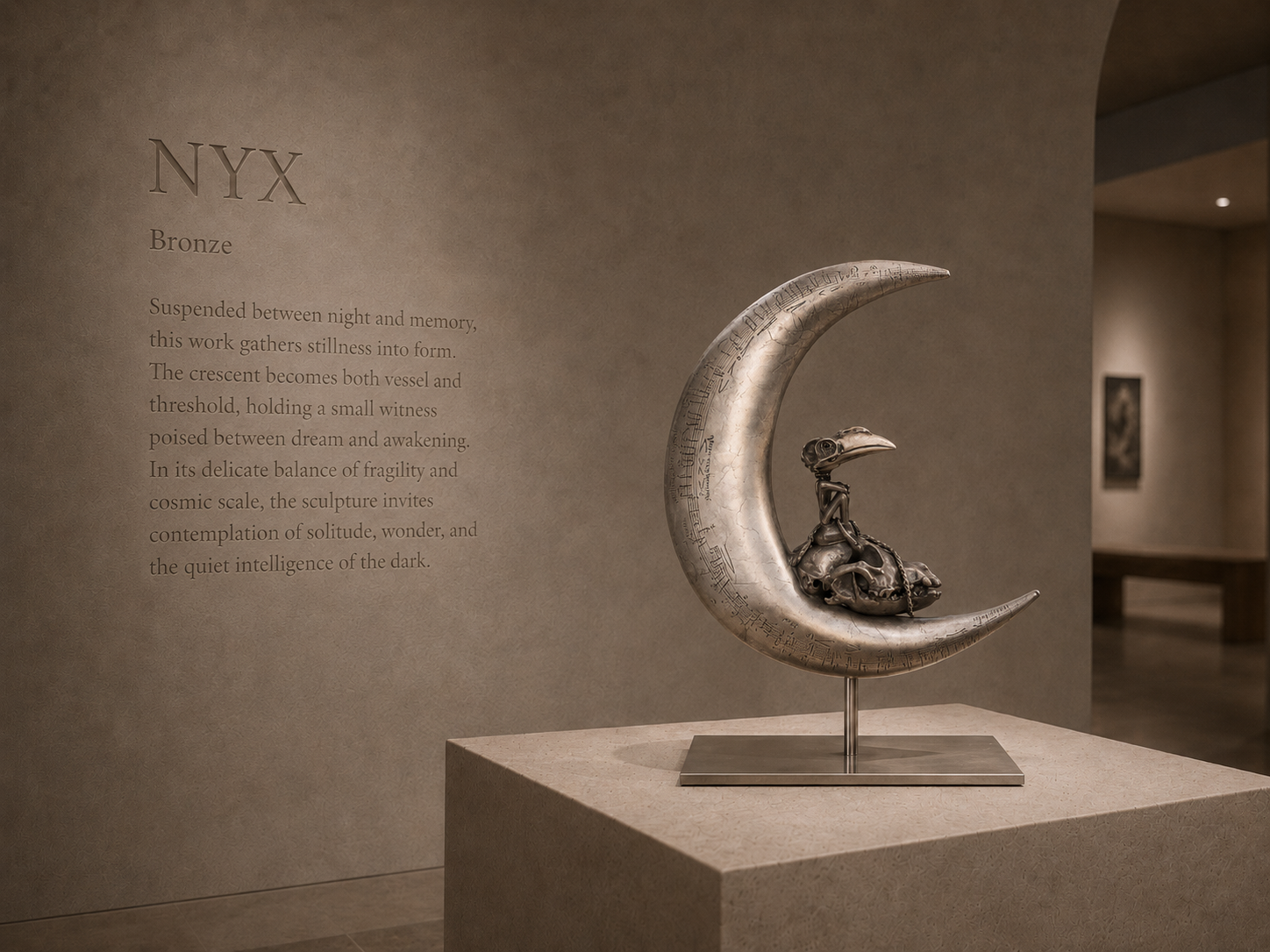 Lera Auerbach, NYX, bronze sculpture presented in a museum exhibition setting