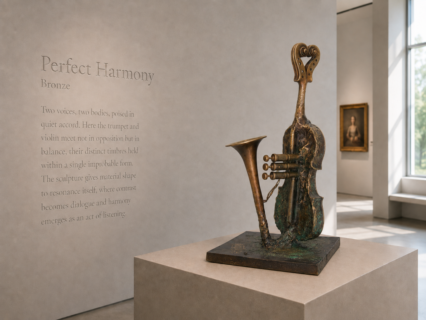 Lera Auerbach, Perfect Harmony, bronze sculpture presented in a museum exhibition setting