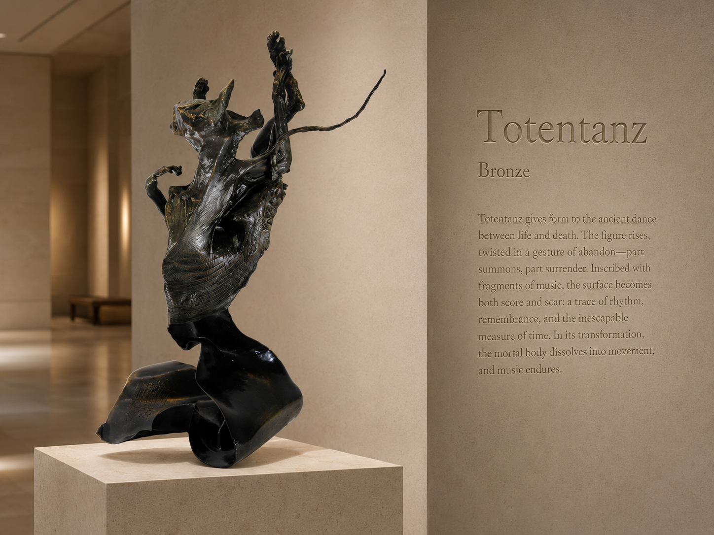 Lera Auerbach, Totentanz, bronze sculpture presented in a museum exhibition setting