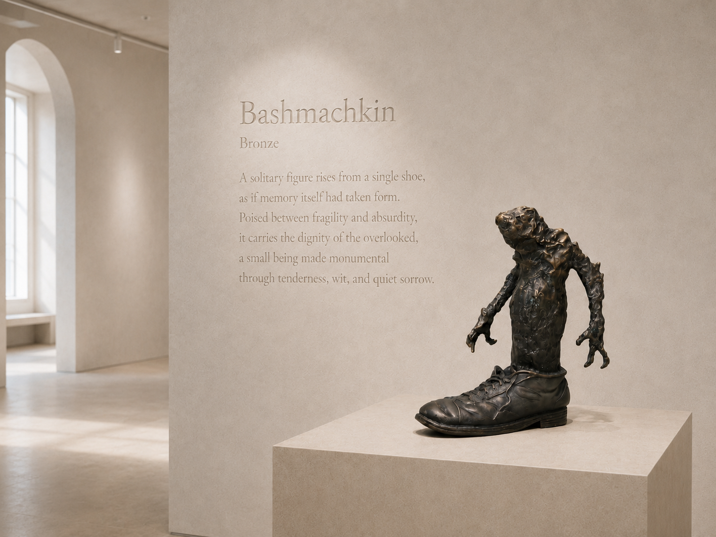 Lera Auerbach, Bashmachkin’s Ghost, bronze sculpture presented in a museum exhibition setting