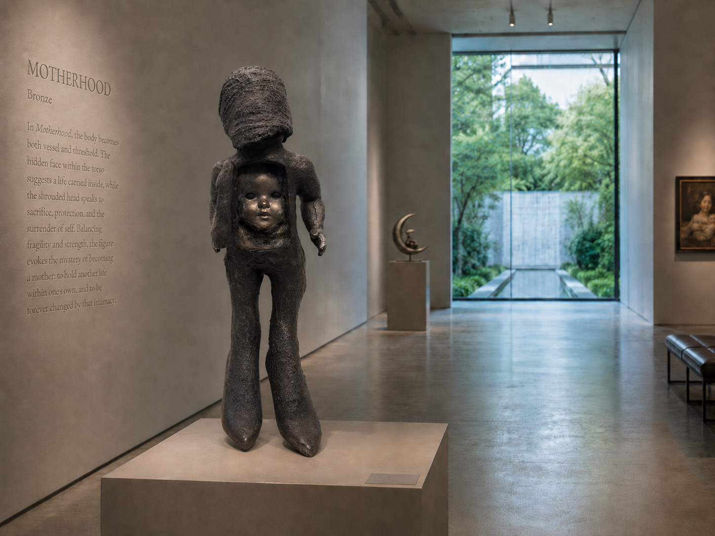 Lera Auerbach, Motherhood, bronze sculpture presented in a museum exhibition setting