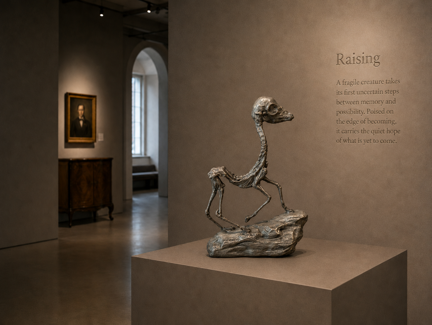 Lera Auerbach, Raising, bronze sculpture presented in a museum exhibition setting