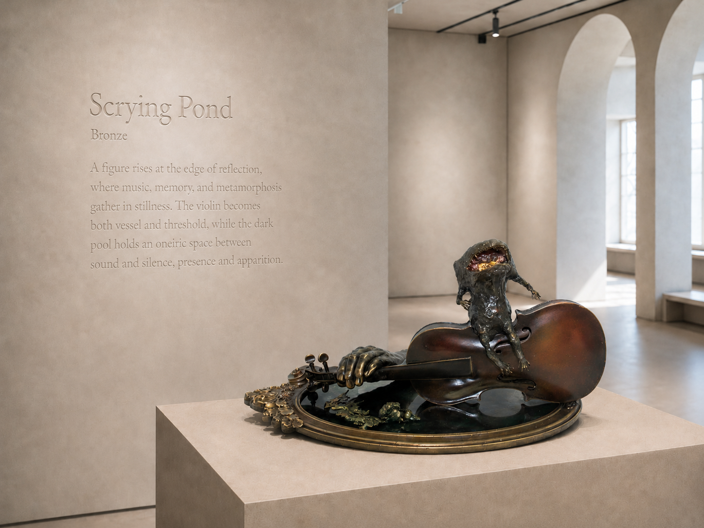 Lera Auerbach, Scrying Pond, bronze sculpture presented in a museum exhibition setting