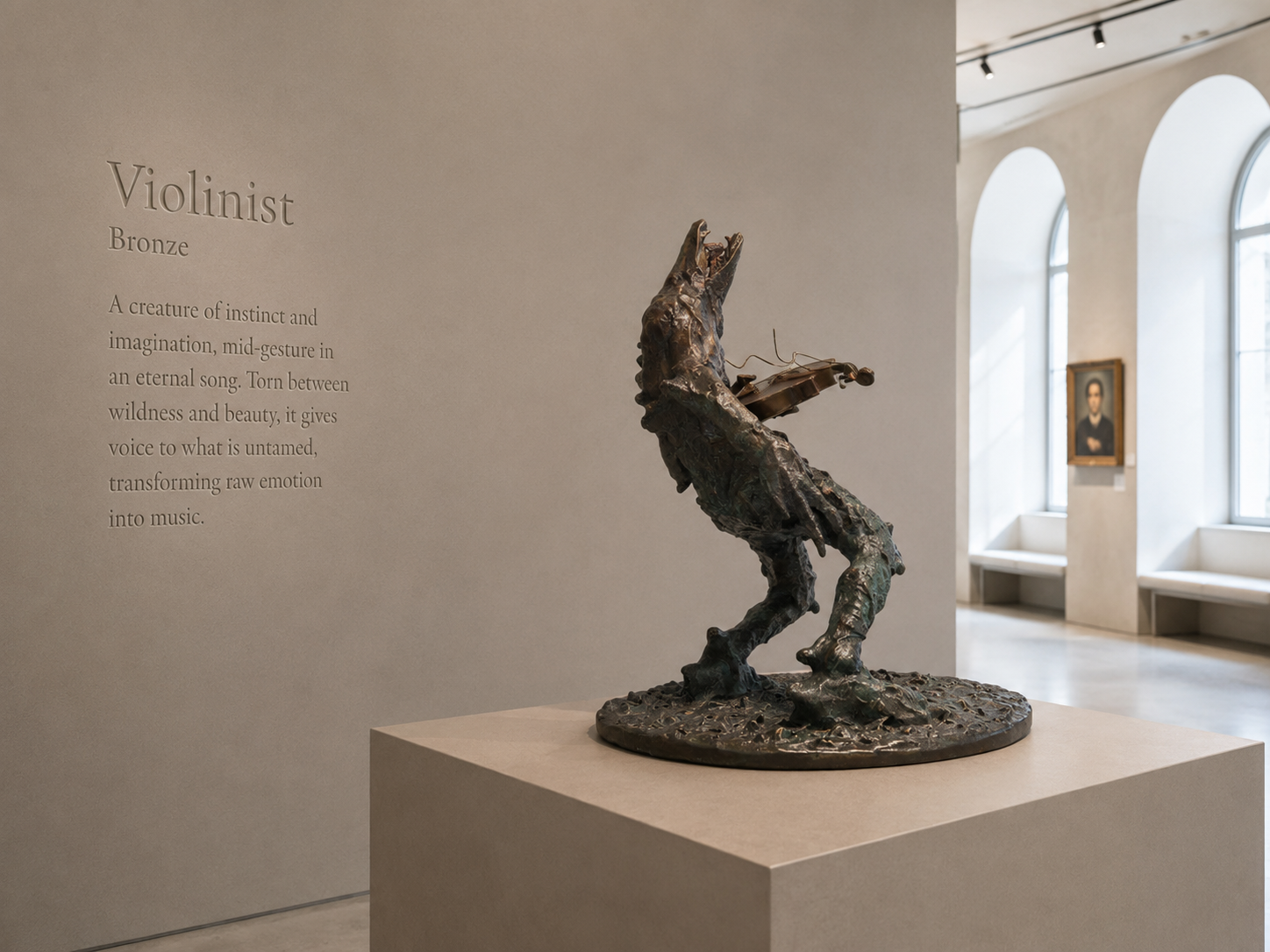 Lera Auerbach, Violinist, bronze sculpture presented in a museum exhibition setting