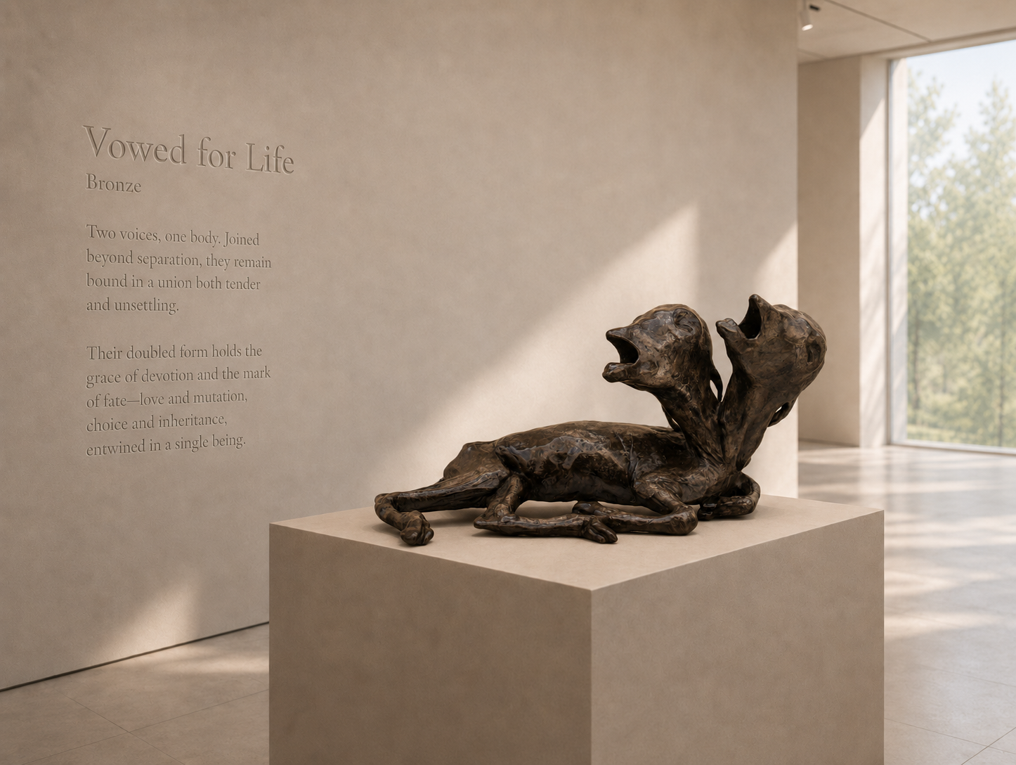 Lera Auerbach, Vowed for Life, bronze sculpture presented in a museum exhibition setting